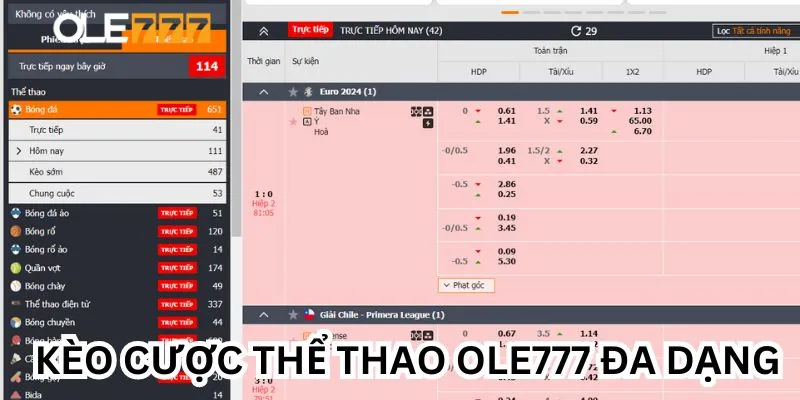 Kèo cược thể thao cực đa dạng tại Ole777