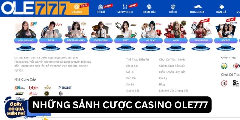 Những sảnh cược casino nhà cái Ole777 được yêu thích 