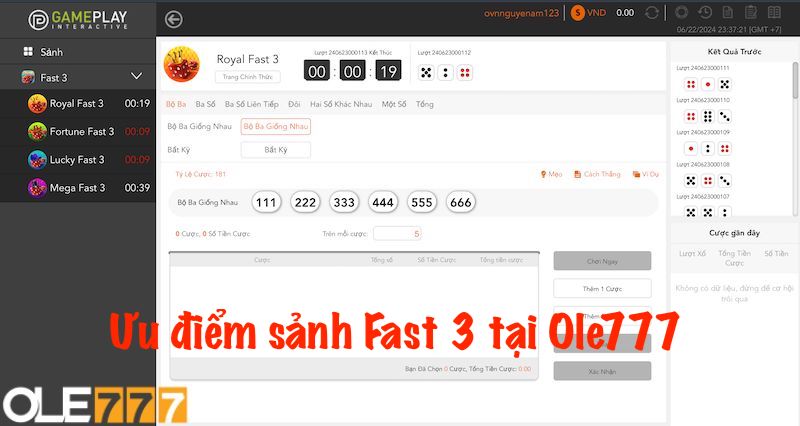 Ưu điểm sảnh Fast 3 tại Ole777